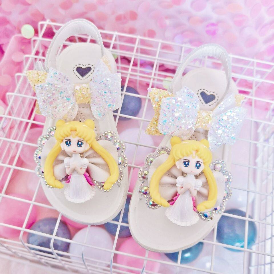 2024夏季新款美少女战士卡通亮片蝴蝶结女孩软底凉鞋公主鞋水晶鞋