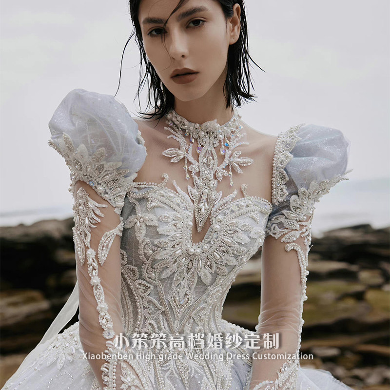 2022新款包肩修身气质显瘦长拖尾婚纱礼服蓬蓬裙婚纱礼服高档定制