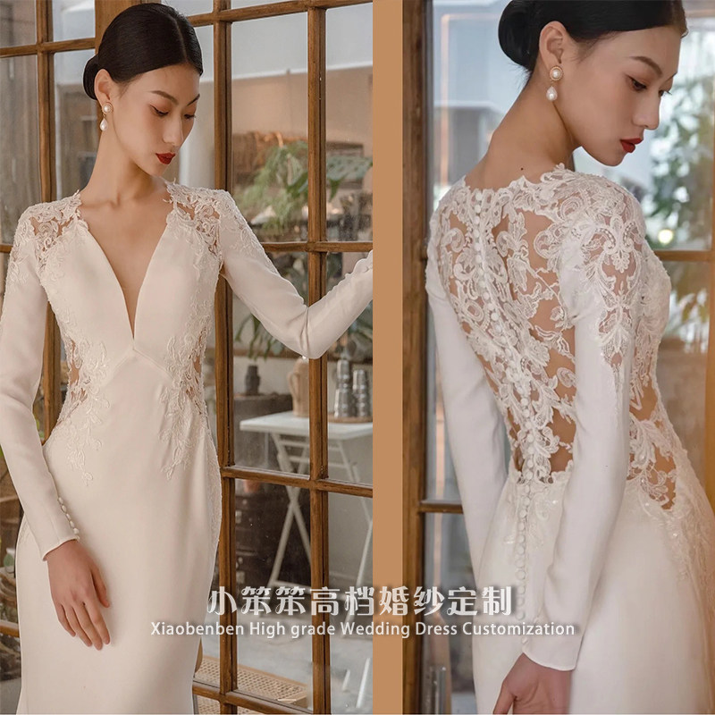 法式气质高级感缎面鱼尾轻主婚纱礼服2023新款新娘迎宾出门纱拖尾