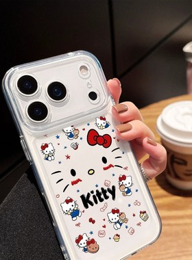 红色蝴蝶结kt猫透明壳适用苹果17promax手机壳iPhone16p新款15卡通14可爱13高级12/11/xs镜头保护8p防摔套软