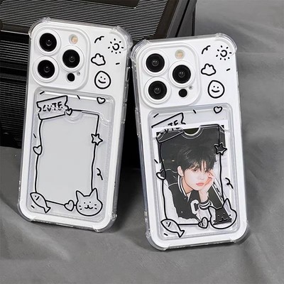 猫咪小鱼放照片小卡套适用苹果17promax透明手机壳iPhone16p新款15卡通14可爱13/12/11/xr防摔保护套8p软