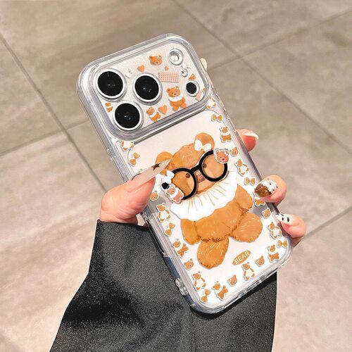 波点眼镜小熊透明壳适用苹果17promax手机壳iPhone16p新款15卡通14可爱13日韩ins12镜头保护11防摔x/8p软