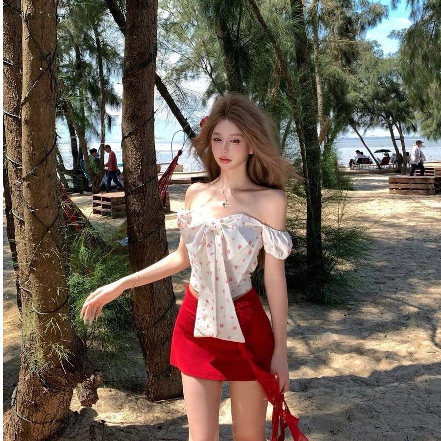 夏季辣妹一字肩碎花半身裙