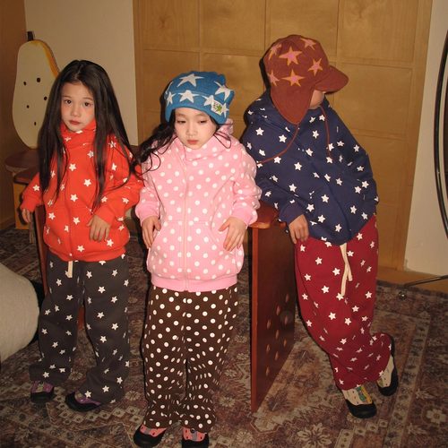 yummyrocky环保波点星星印花厚绒保暖连帽斜拉链卫衣/卫裤