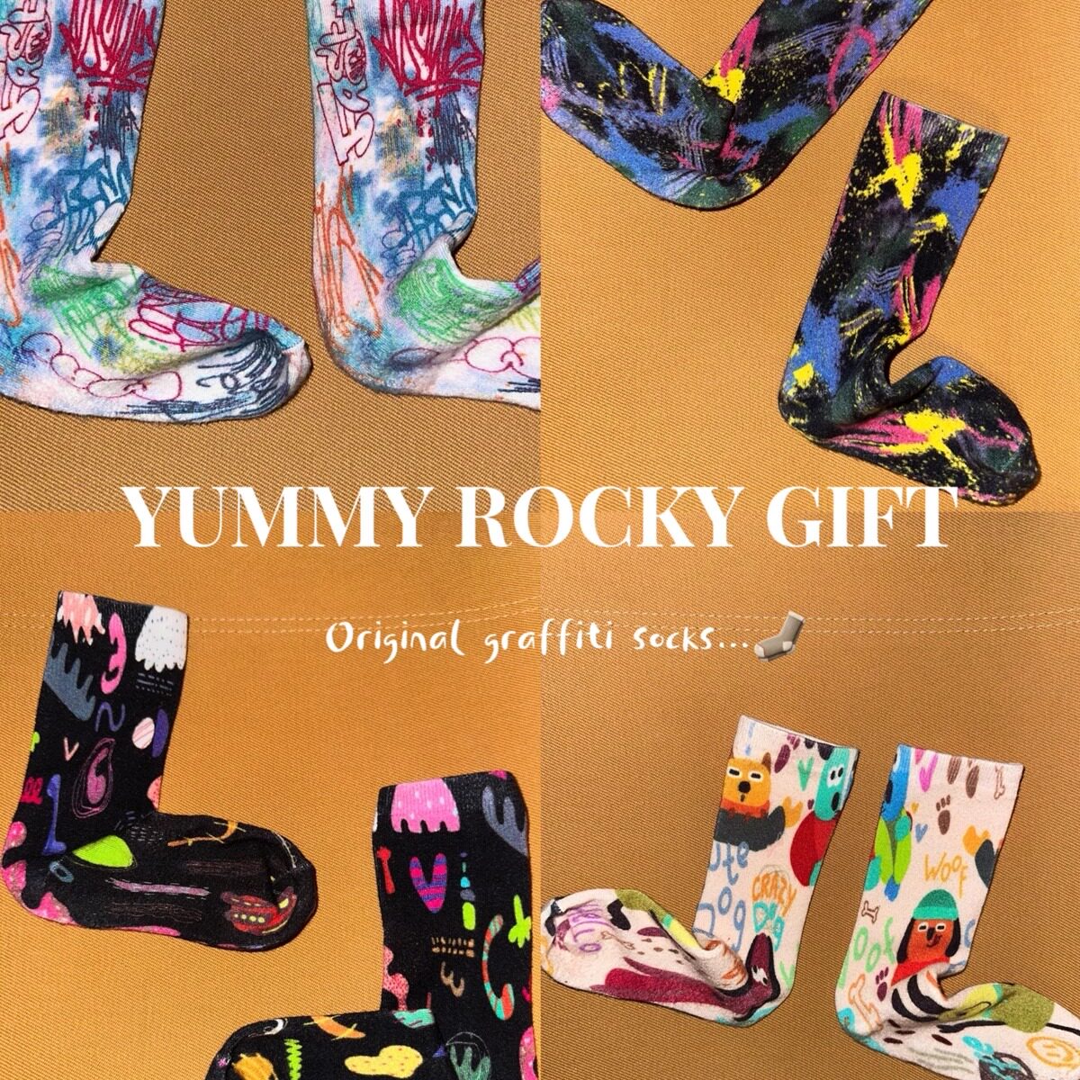 yummyrocky趣味涂鸦竹纤维大弹力亲子儿童百搭四季通用中筒袜