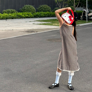 yummyrocky女童夏季薄款森系小格子蕾丝边吊带连衣裙