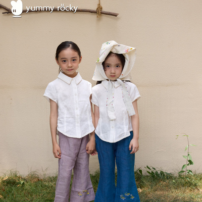 yummyrocky手工牙边全亚麻A类衬衫/进口机刺绣喇叭裤