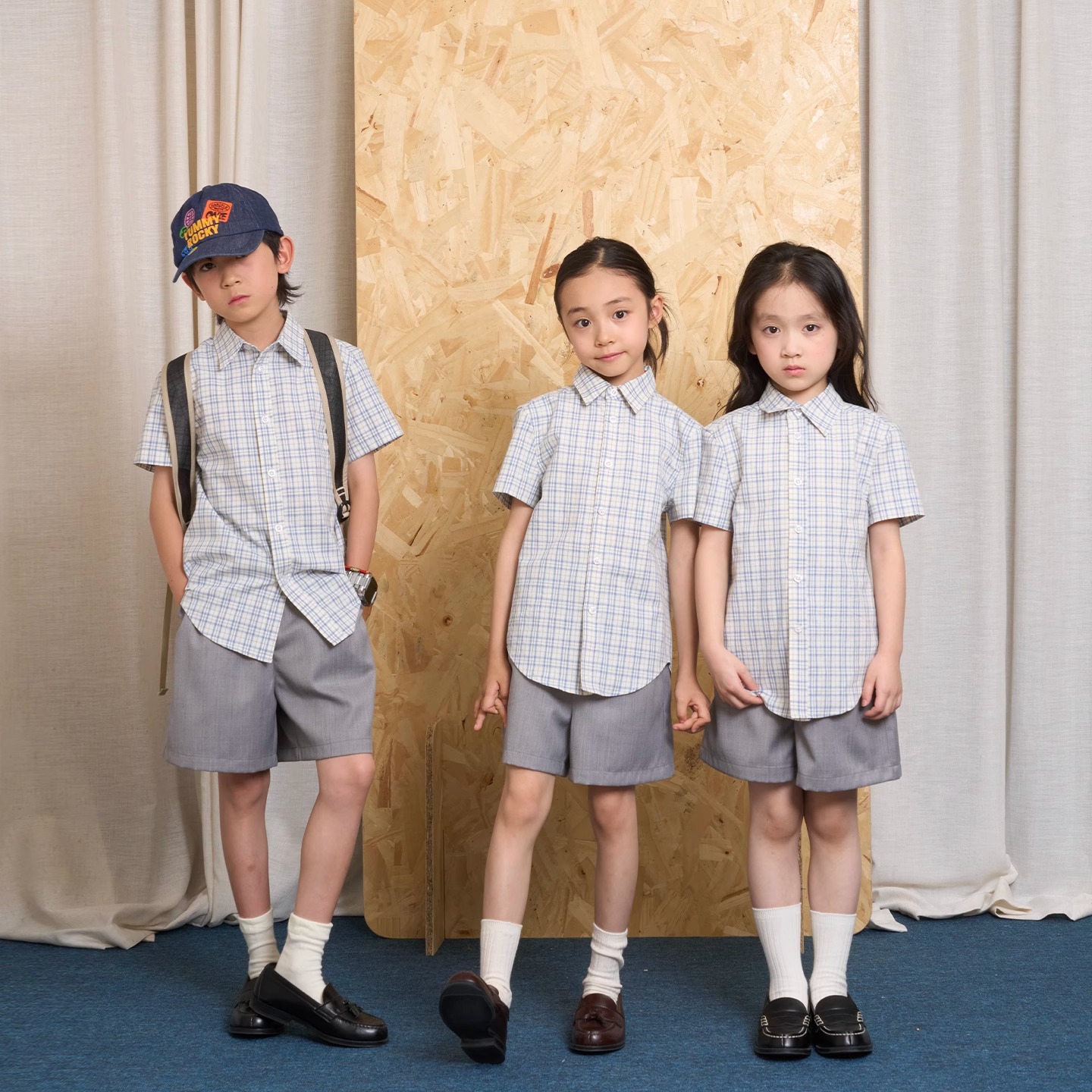 yummyrocky进口色织格子日系短袖衬衣环保亚麻羊毛西装短裤