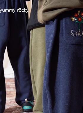 yummyrocky进口机刺绣小花束抑菌一体绒恒温暖皮加绒卫裤