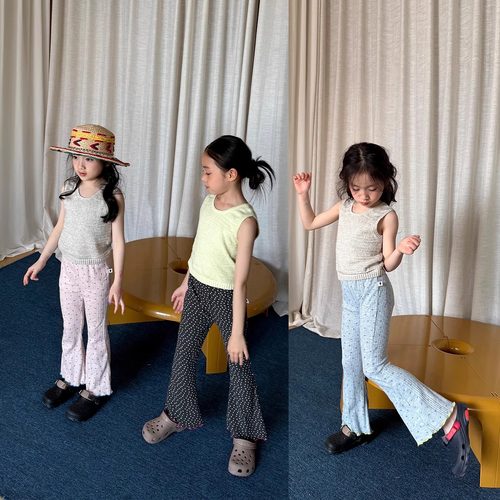 yummyrocky进口坑条小碎花A类舒适垂软微喇裤