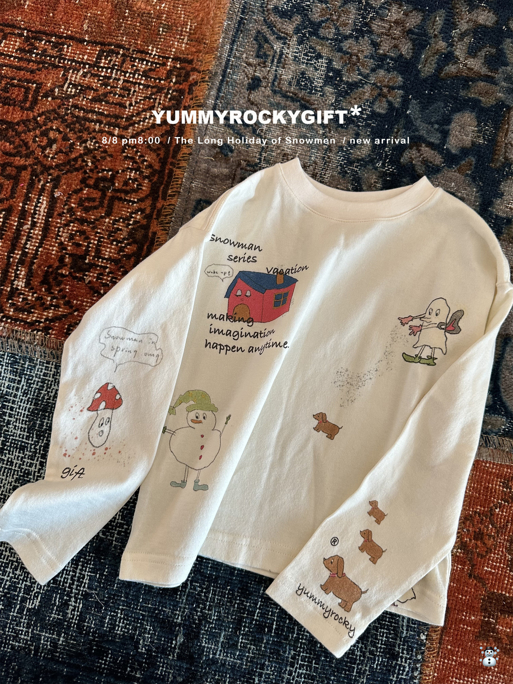 yummyrocky【插画师合作款】满印雪人儿童长袖T恤2026年春季新款,童装/婴儿装/亲子装,T恤,淘宝优惠券,粉丝福利购,淘宝优惠卷