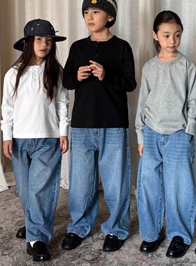yummyrocky儿童丹宁阔腿牛仔裤2026春季新款复古超软休闲直筒裤子