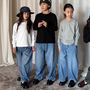 yummyrocky儿童丹宁阔腿牛仔裤2026春季新款复古超软休闲直筒裤子