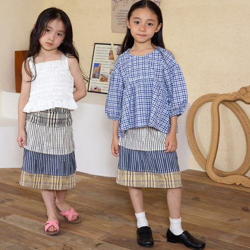 yummyrocky女童彩格4层撞色拼接A类100%棉蛋糕半身裙