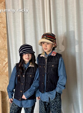 yummyrocky亲子原牛环保不掉色A类90g蓄热杜邦棉拼布牛仔马甲