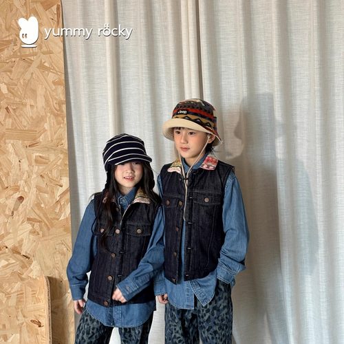 yummyrocky亲子原牛环保不掉色A类90g蓄热杜邦棉拼布牛仔马甲