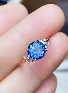 圆8 天然蓝托帕戒指女S925银玫瑰金色时尚经典白金色伦敦蓝宝石