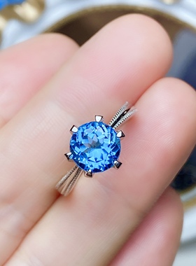 圆8x8天然蓝托帕戒指女S925银玫瑰金色时尚经典白金色伦敦蓝宝石