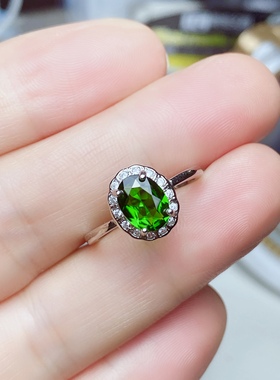 6x8天然透辉石戒指女S925银玫瑰金色时尚经典白金色绿色宝石经典