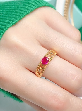 丛利4x5红宝石戒指s925银黄金色时尚经典洋气纯银镶嵌