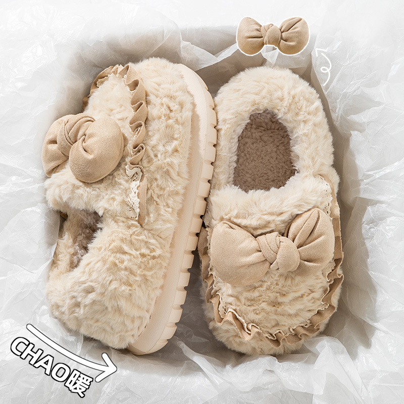 可爱蝴蝶结棉拖鞋女冬季包跟棉鞋