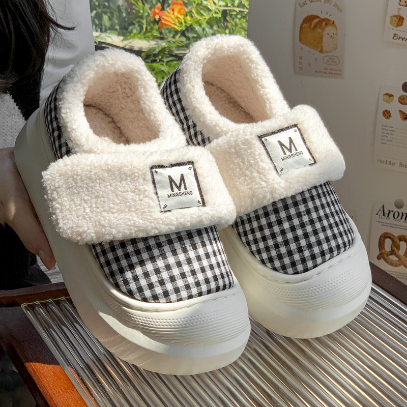 防滑格子新款加绒时尚保暖包跟