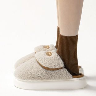 新款冷色调包头情侣拖鞋冬季室内居家厚底增高加绒保暖防滑棉拖鞋