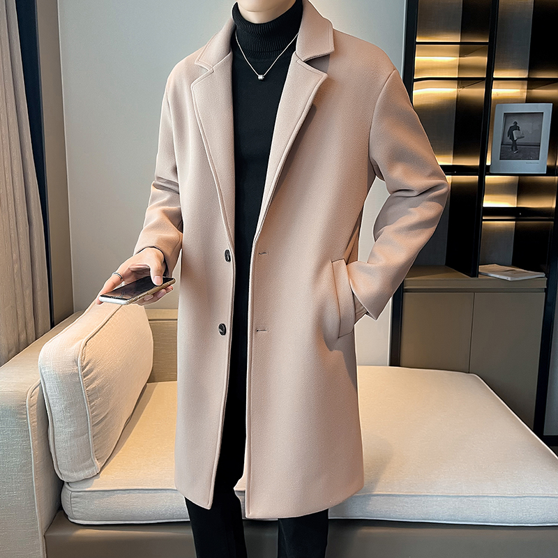 店主风中长款休闲风衣宽松纯色毛呢大衣男B345-F120-P110加棉P120，男装风衣，电商B345