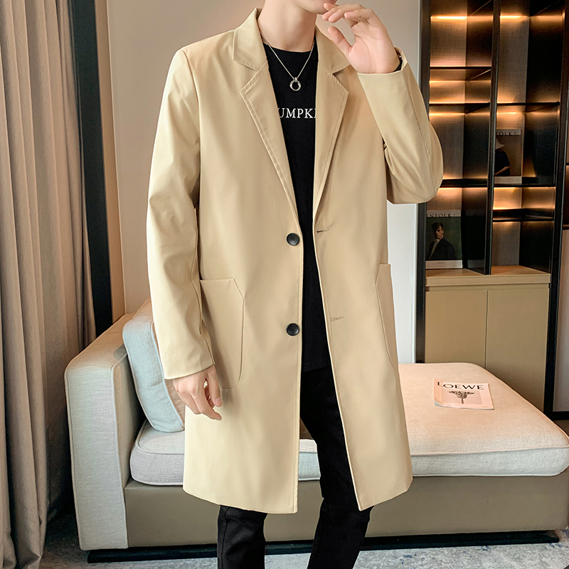 男士春秋季修身风衣中长款休闲纯色外套纯色B358-F07-P75加绒P85，男装风衣，电商B345