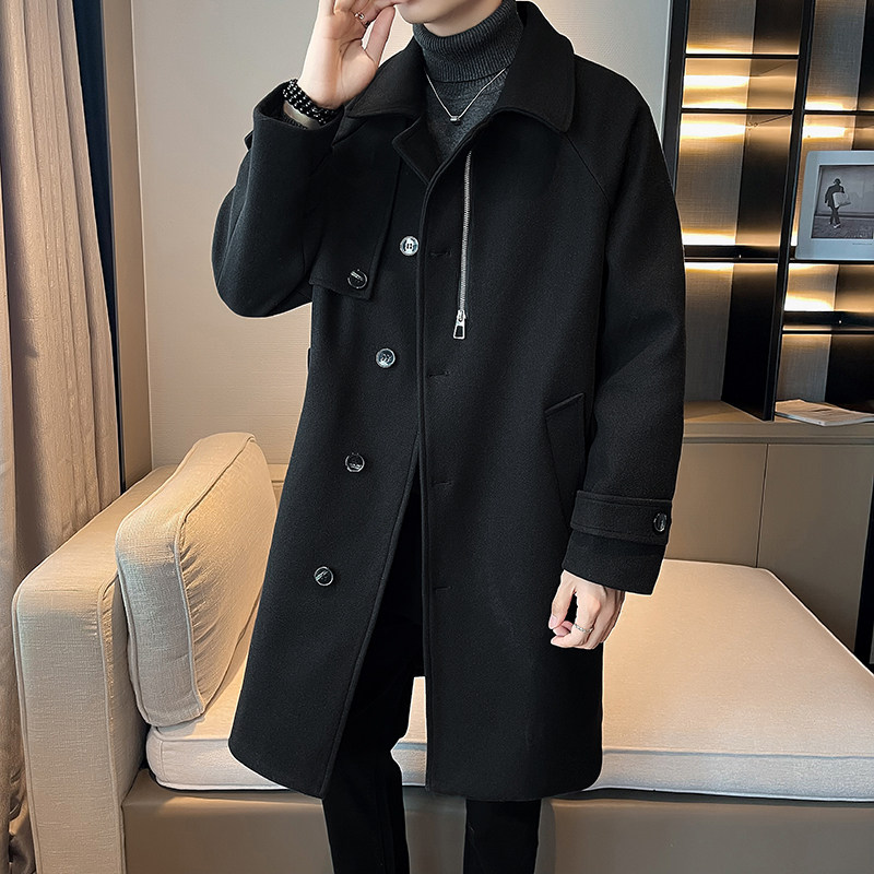 店主风帅气中长款大衣男宽松毛呢外套B358-F121-P125加棉P135,男装毛呢大衣,电商B345