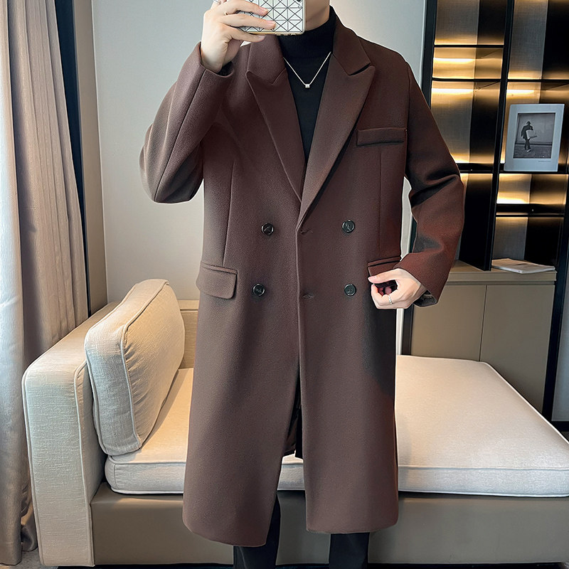 店主风毛呢大衣青年男宽松加长外套潮风衣B358-F117-P125加棉P135,男装风衣,电商B345