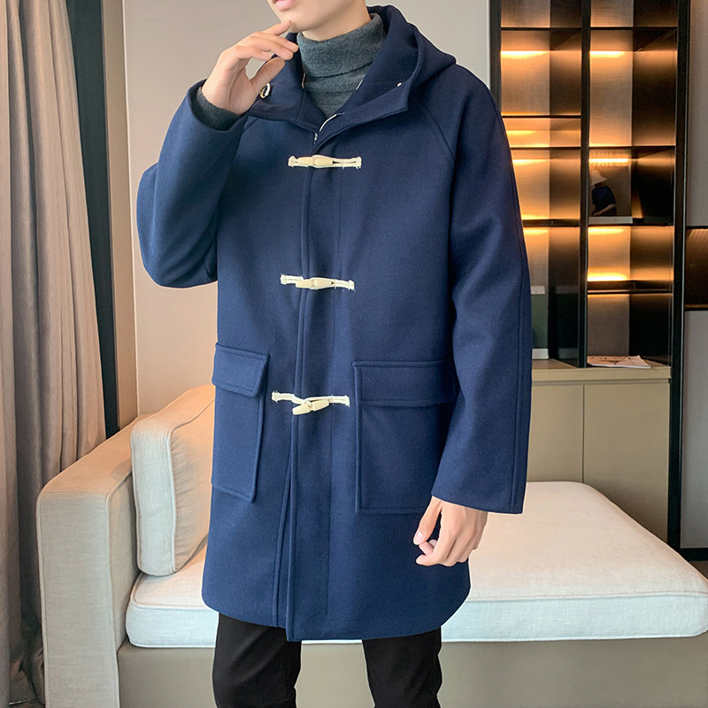 中长款外套宽松牛角扣毛呢大衣连帽风衣男B358-F60-P125加棉P130,男装风衣,电商B345