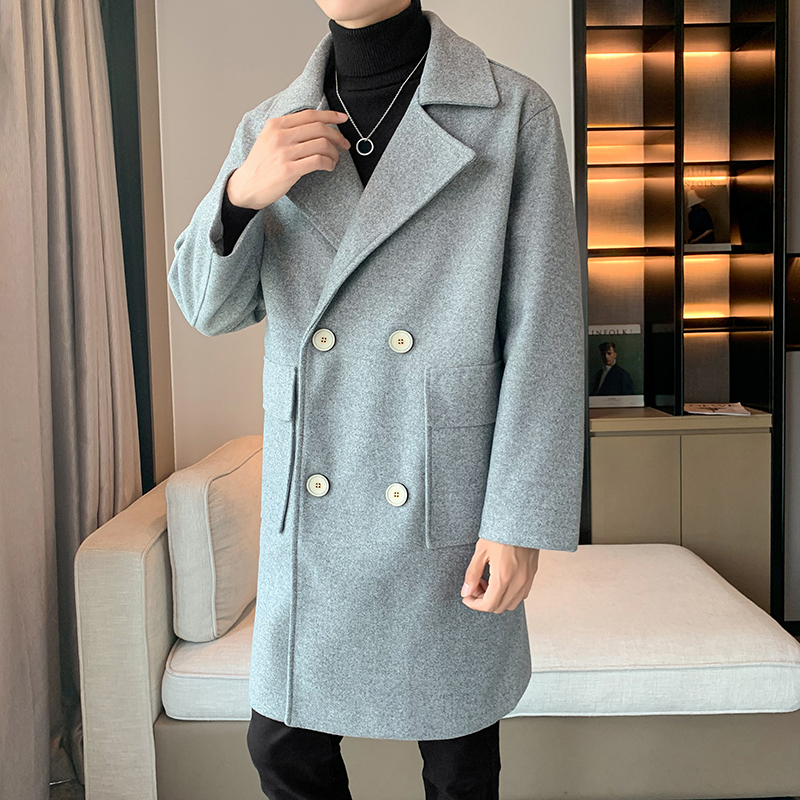 店主风毛呢大衣宽松双排扣港风中长款秋季B345-F109-P120加棉P130，男装毛呢大衣，电商B345