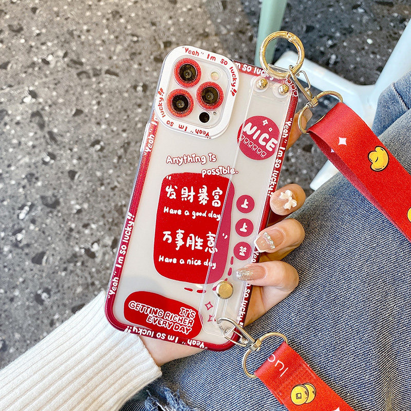 新年款红色暴富苹果15promax手机壳女13腕带iphone12透明14软硅胶套11斜挎可背挂绳xr全包防摔8P适用1