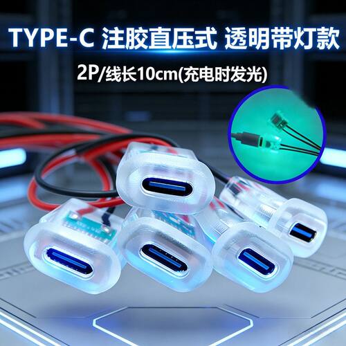 typec2P注胶直压式母座透明带灯台灯椭圆充电口 汽车电动车连接器
