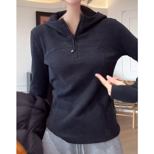 半拉链德绒保暖连帽长袖卫衣女2025秋冬新款简约百搭帽衫打底上衣