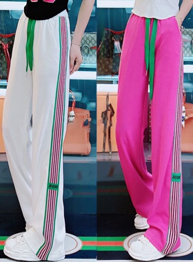 抽绳高腰休闲阔腿拖地长裤女2025春秋季侧边撞色显瘦直筒裤女