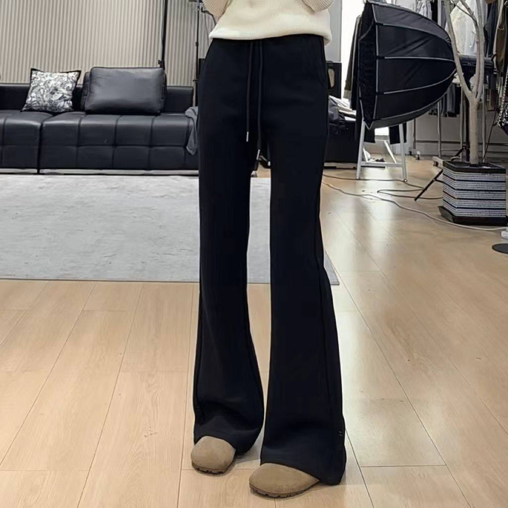 2025秋冬新款加绒加厚微喇运动裤高腰抽绳显瘦修身休闲美式喇叭裤