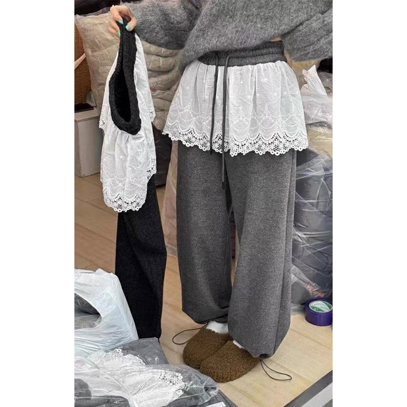 秋冬新款2025蕾丝花边加绒休闲直筒裤女韩版宽松屁帘假两件阔腿裤,女装/女士精品,休闲裤,淘宝优惠券,粉丝福利购,淘宝优惠卷