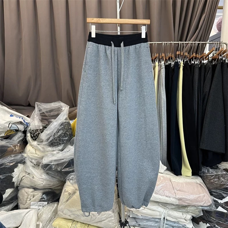 冬季加绒加厚新款抽绳松紧腰束脚拖地阔腿裤女2025休闲宽松弯刀裤