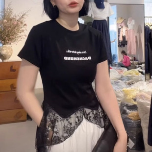 显瘦上衣小衫 设计感不规则蕾丝拼接圆领短袖 修身 T恤女夏季 潮 新款