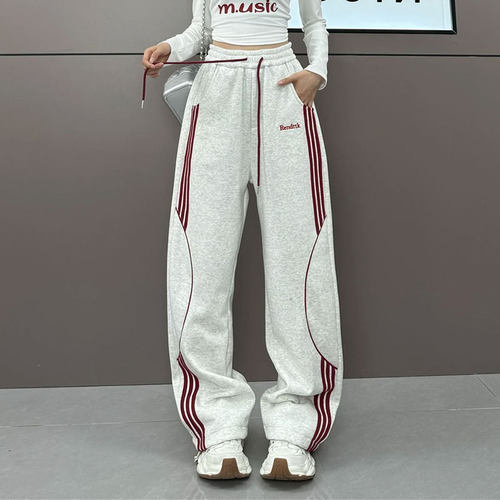 秋冬季加绒美式hiphop三条杠卫裤女宽松垂感直筒裤撞色运动休闲裤