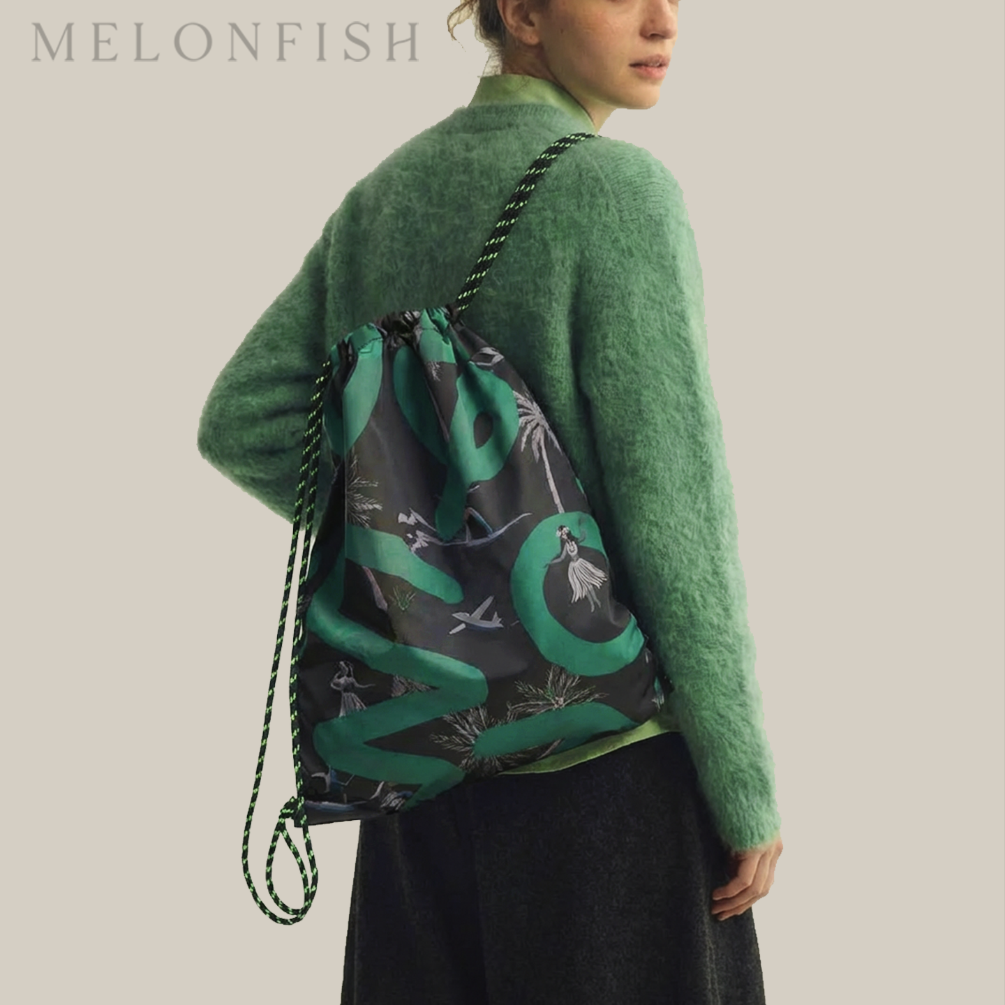 MELONFISH绿色动物印花防水抽绳双肩包女欧美时尚登山包包便携,箱包皮具/热销女包/男包,时尚帆布包,淘宝优惠券,粉丝福利购,淘宝优惠卷