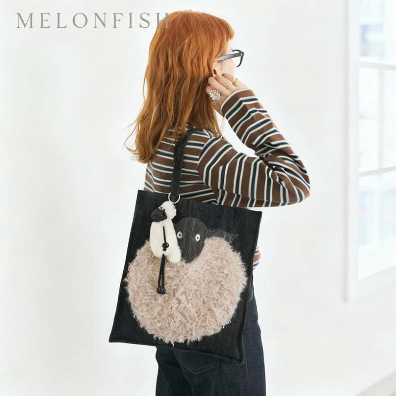 【新年礼物】MELONFISH原创毛绒帆布包女2025新款牛仔包百搭小羊,箱包皮具/热销女包/男包,时尚帆布包,淘宝优惠券,粉丝福利购,淘宝优惠卷