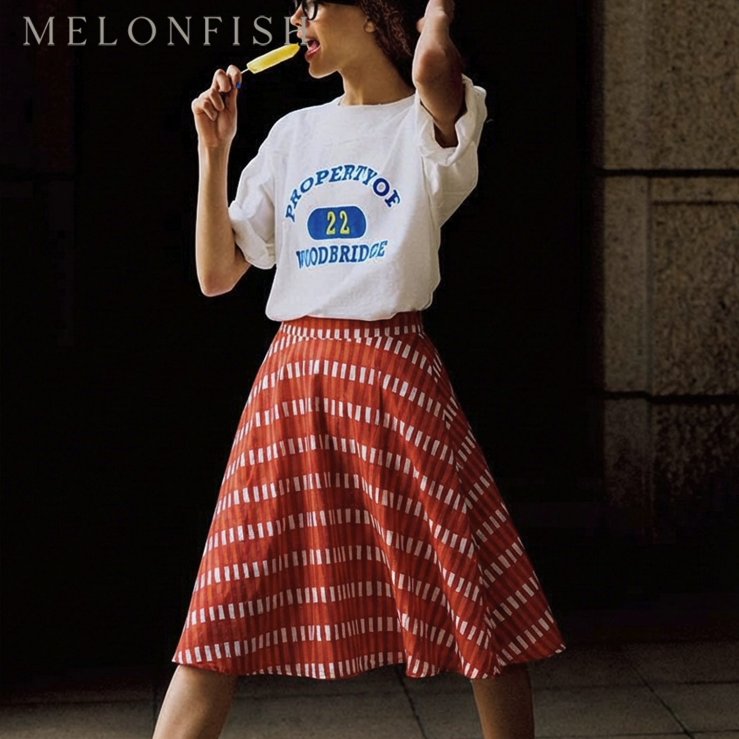MELONFISH西瓜鱼复古红高腰裙