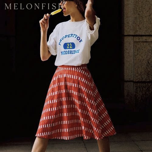 MELONFISH西瓜鱼复古红高腰裙