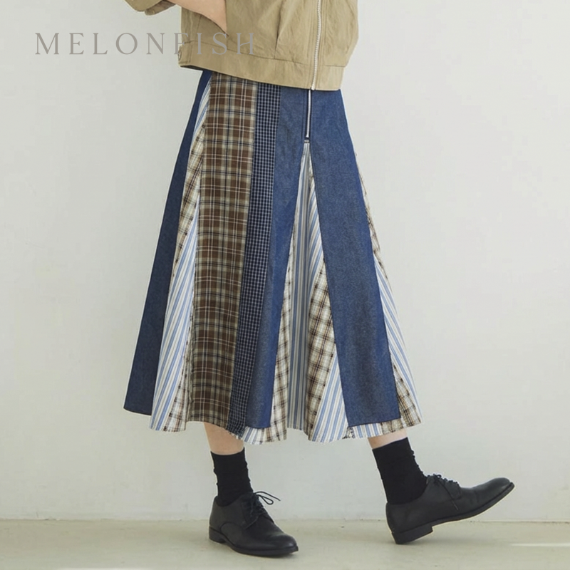 MELONFISH秋冬原创日系学院风撞色拼接格子半身裙女休闲复古裙子,女装/女士精品,半身裙,淘宝优惠券,粉丝福利购,淘宝优惠卷