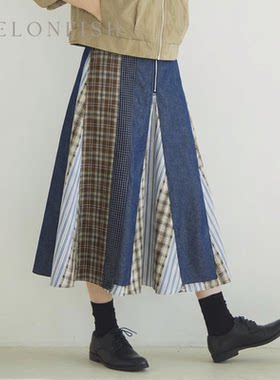 【赔本】新款日系学院风撞色拼接格子半身裙女休闲复古裙子
