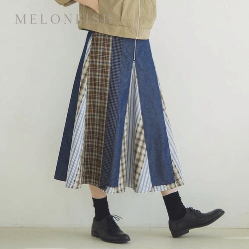 MELONFISH春季新款日系学院风撞色拼接格子半身裙女休闲复古裙子