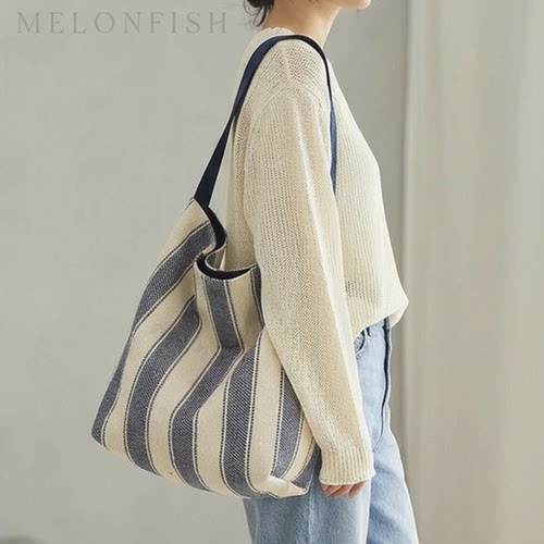 春夏蓝白亚麻棉大容量通勤托特包